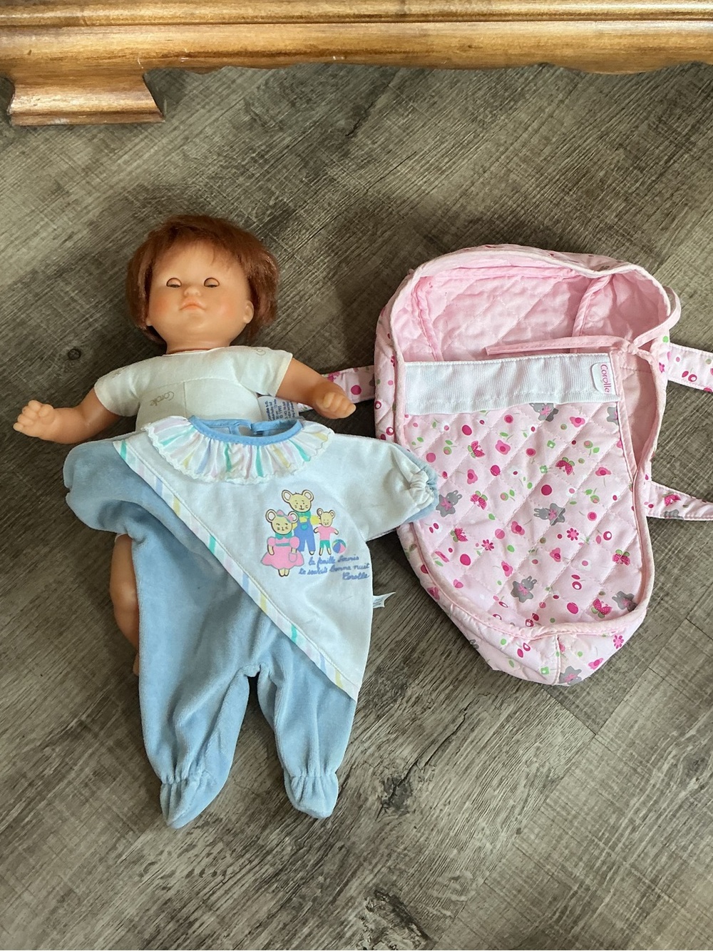 Vintage Corolle Baby Doll 12" Redhead French Set Blue Sleeper Pink Carry Bed